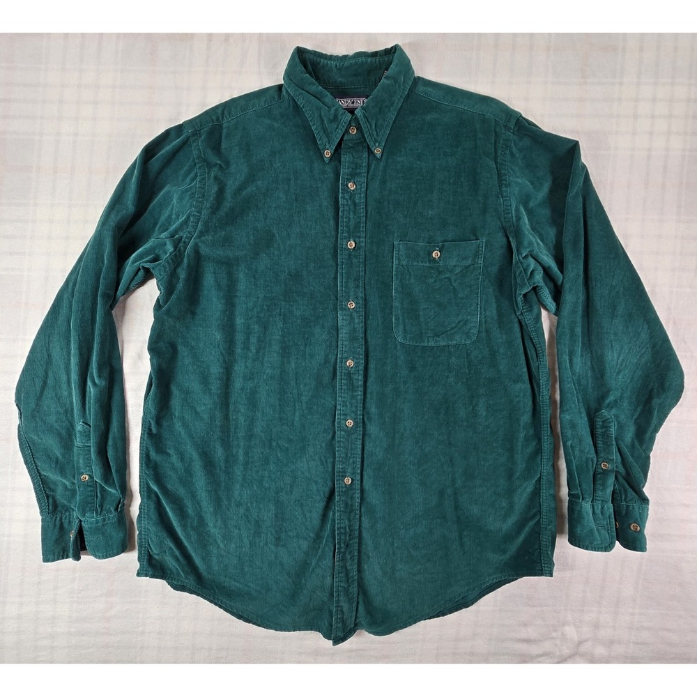 Vintage Lands End Mens Corduroy Long Sleeve Button Down Shirt Teal Green XL Tall